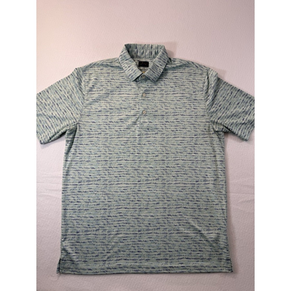 Greg Norman Mens Golf Polo L Green Blue Shark AOP Performance Lightweight EUC